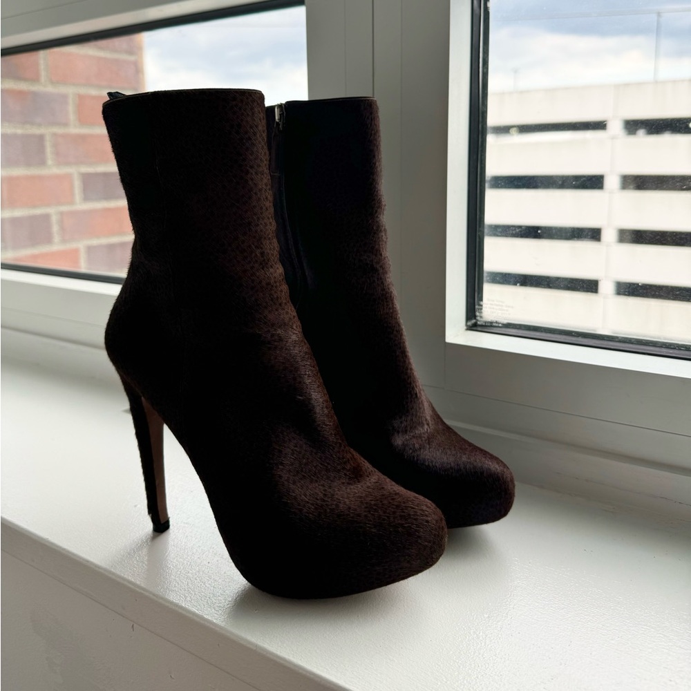PRADA Brown Ponyhair Mid-Calf Booties 37.5
